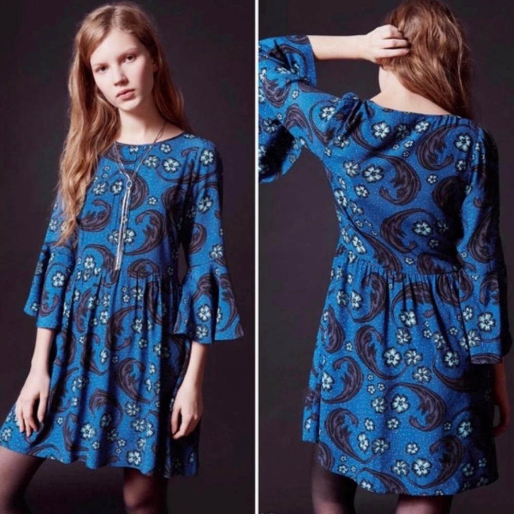For Love and Lemons Floral Bell Sleeve Dress Blue Size Large
